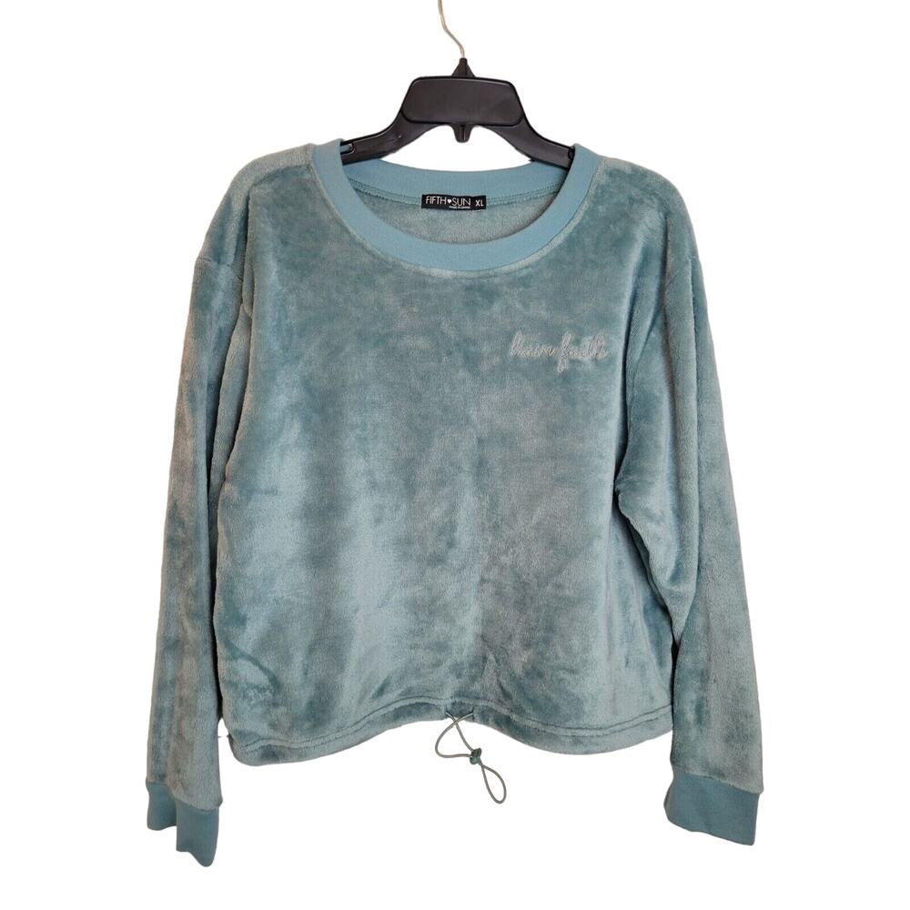 Fifth Sun Green Have Faith Velour Drawstring Pullover Sweatshirt Women's Size XL